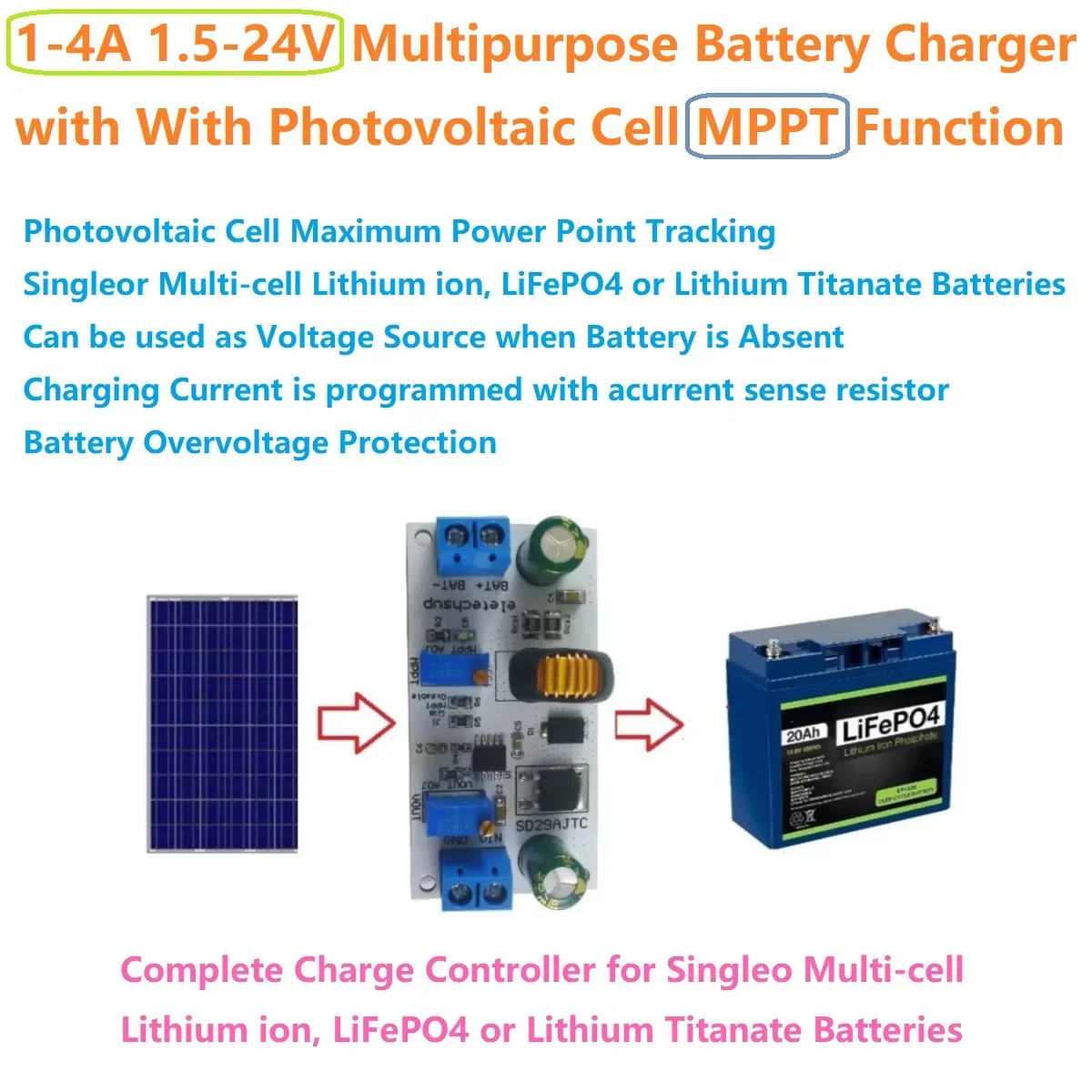 SD29AJTC MPPT Solar Charging Board DC-DC Step Down Battery Charger 1A 2A 4A 7-28V Input for Li-ion LiPo LiFePO4 LTO
