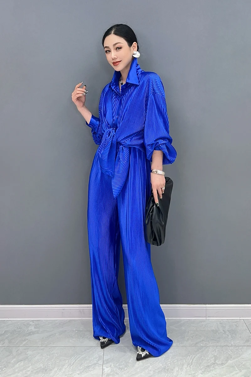 2024 Autumn New Elegant Loose Women Folds Set Long Sleeve Shirts Wide Leg Pants Fashion Two piece Set J398