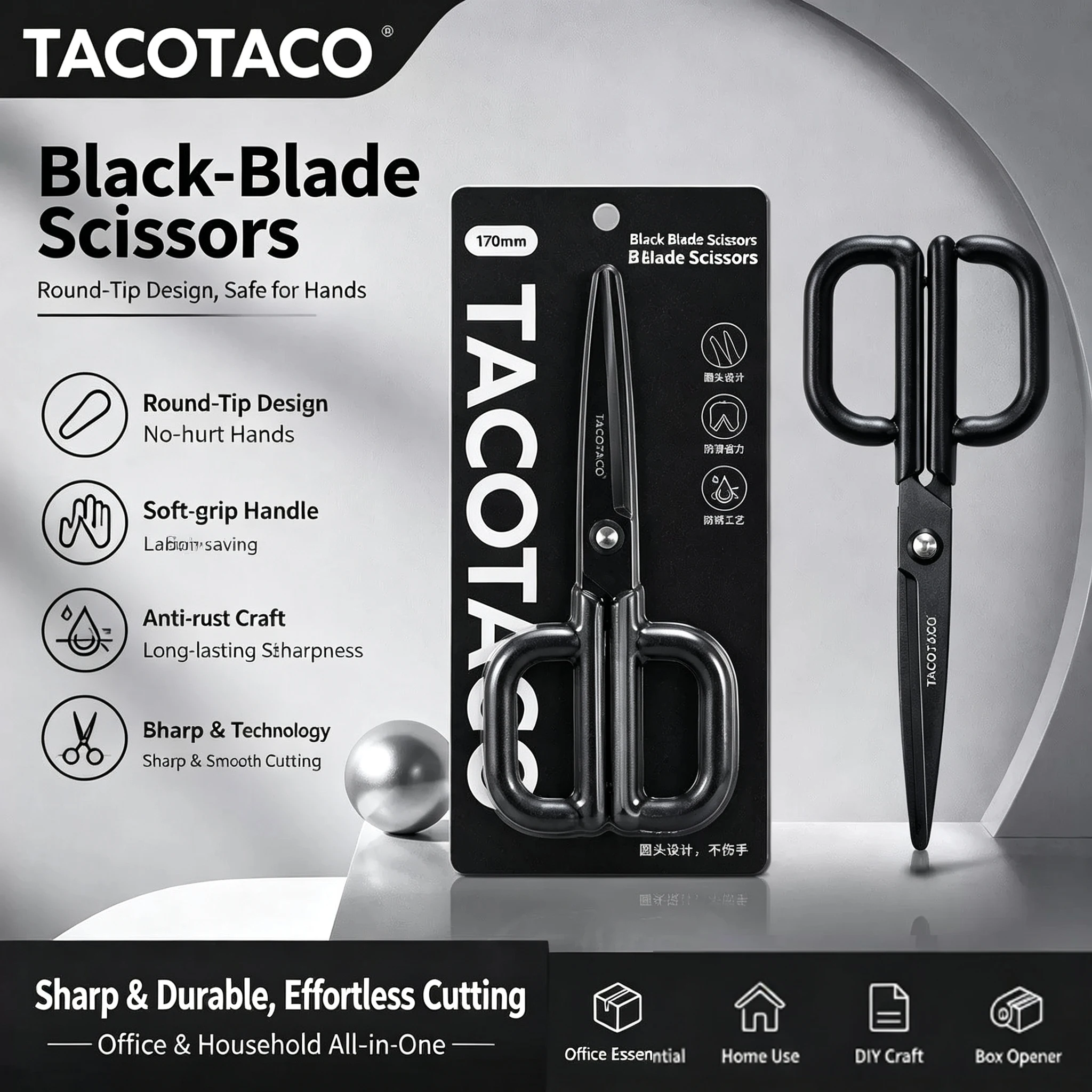 TACOTACO Round Head Safety Non Stick Coating Blade Scissors, Sharp Art Scissors for Disassembly Scissors Stationery for Office