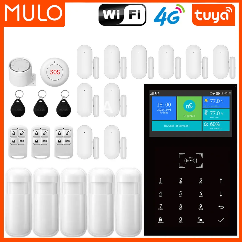 Alarme MULO 4G Tuya Sistema de alarme doméstico inteligente WIFI GSM 4,3 polegadas Temperatura e umidade PG-109 para Alexa e Google Burglar Home