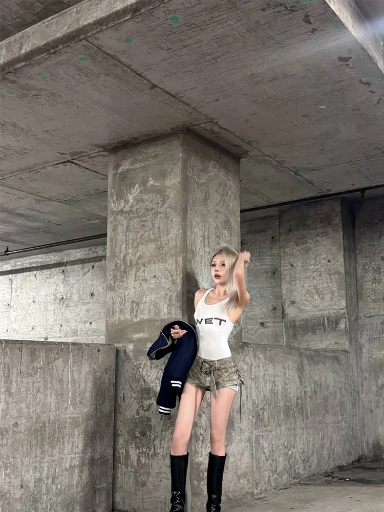 

Summer 2025 Women's Sexy Sport Romper White Sleeveless Playsuits Letter Print Subtranslucent Slim Fit Raceback Design