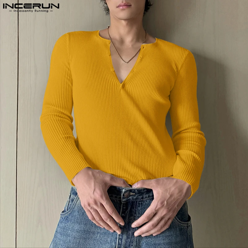 

INCERUN Мужская футболка, однотонная трикотажная мужская одежда с круглым вырезом и длинными рукавами, уличная одежда, весна-осень 2021, модные повседневные футболки на пуговицах