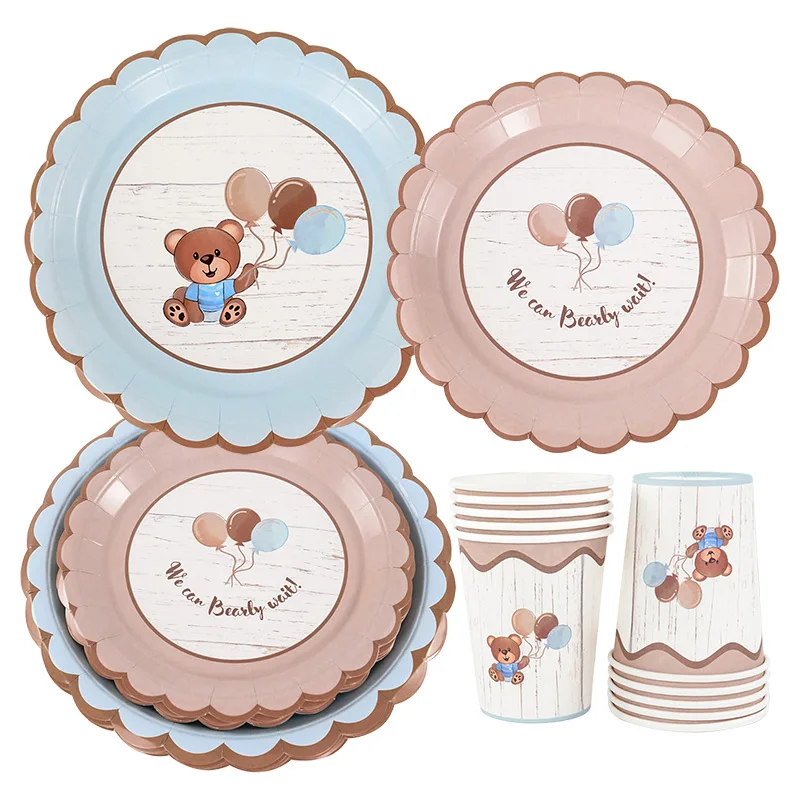 Cute Teddy Bear Disposable Tableware Set Brown Blue Plate Cup Baby Shower Kids Boy Girl Happy Birthday Party Table Decor Supply