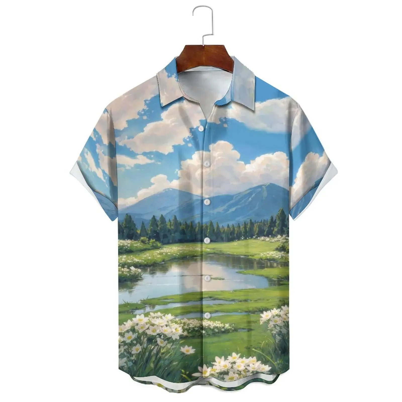 Stylish Summer Men's/Women's Small Fresh Loose Casual Oil Painting Comic Print Single-Breasted Lapel Short-Sleeved Shirt