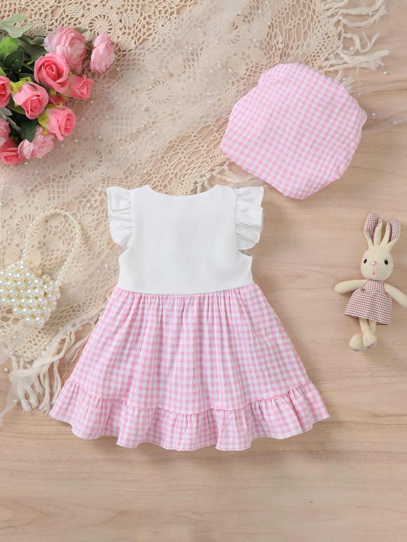 0-2Y Baby Girl 2Pcs Fashion Summer Clothes Set Pink Plaid Ruffle Sleeveless Dress + Sun Hat Newborn Casual Outfit Clothing