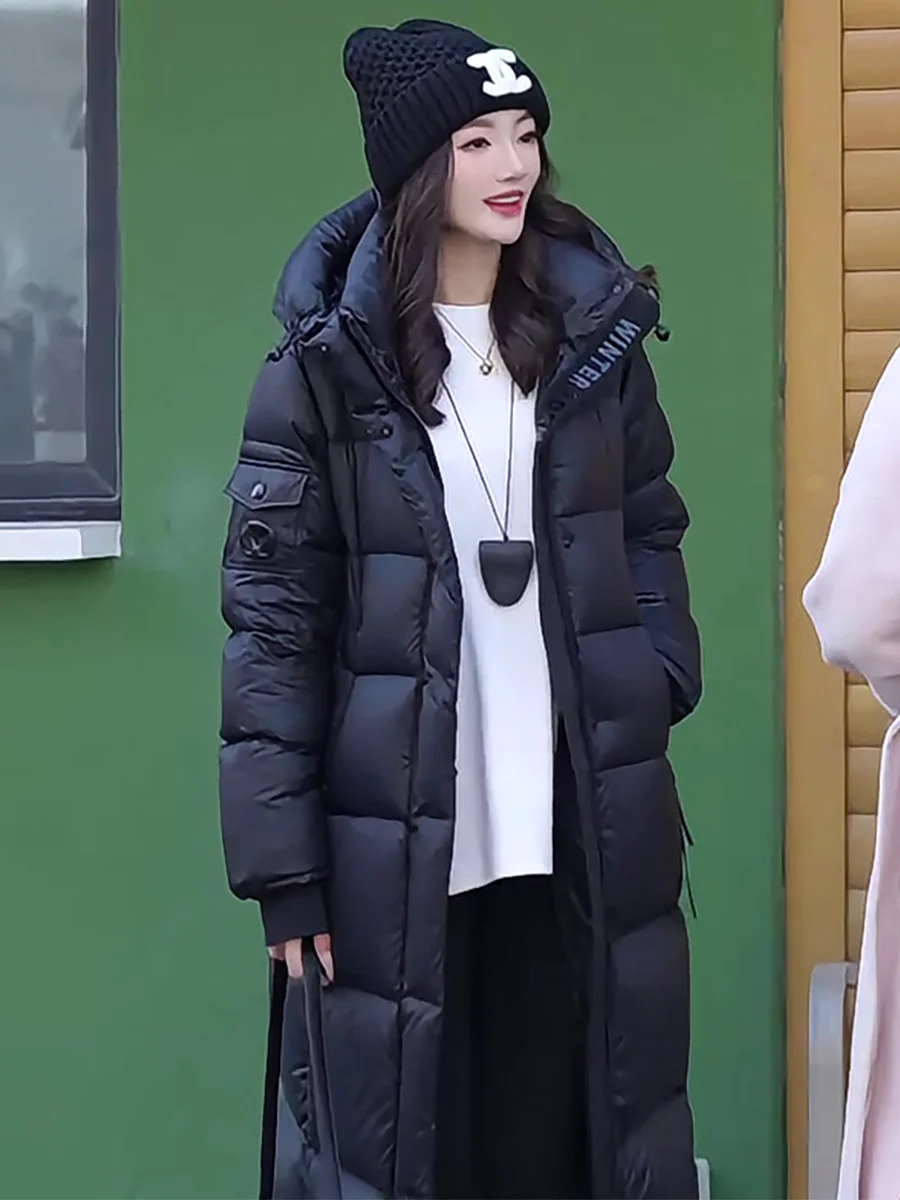 블라 롱 후드 여성용 다운 재킷 화이트 듀 페더 따뜻한 겨울 코트 한국 스타일 캐주얼 핏 지퍼 켓