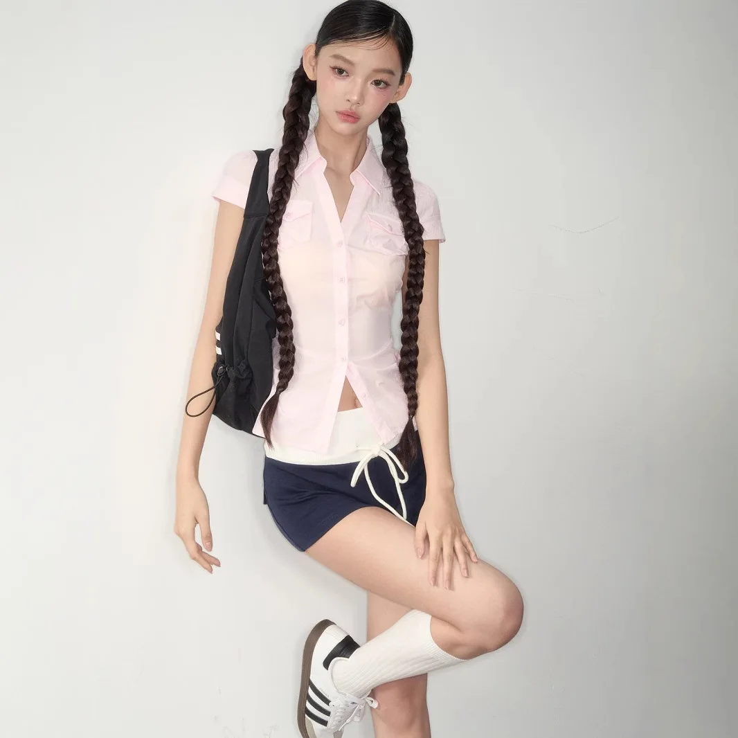 بلوزة صيفية مثيرة للفتيات ذات نمط مثير نقي مع خط عنق على شكل حرف A وأكمام قصيرة وجيوب محيطة للخصر، بلوزة أنيقة للنساء #2