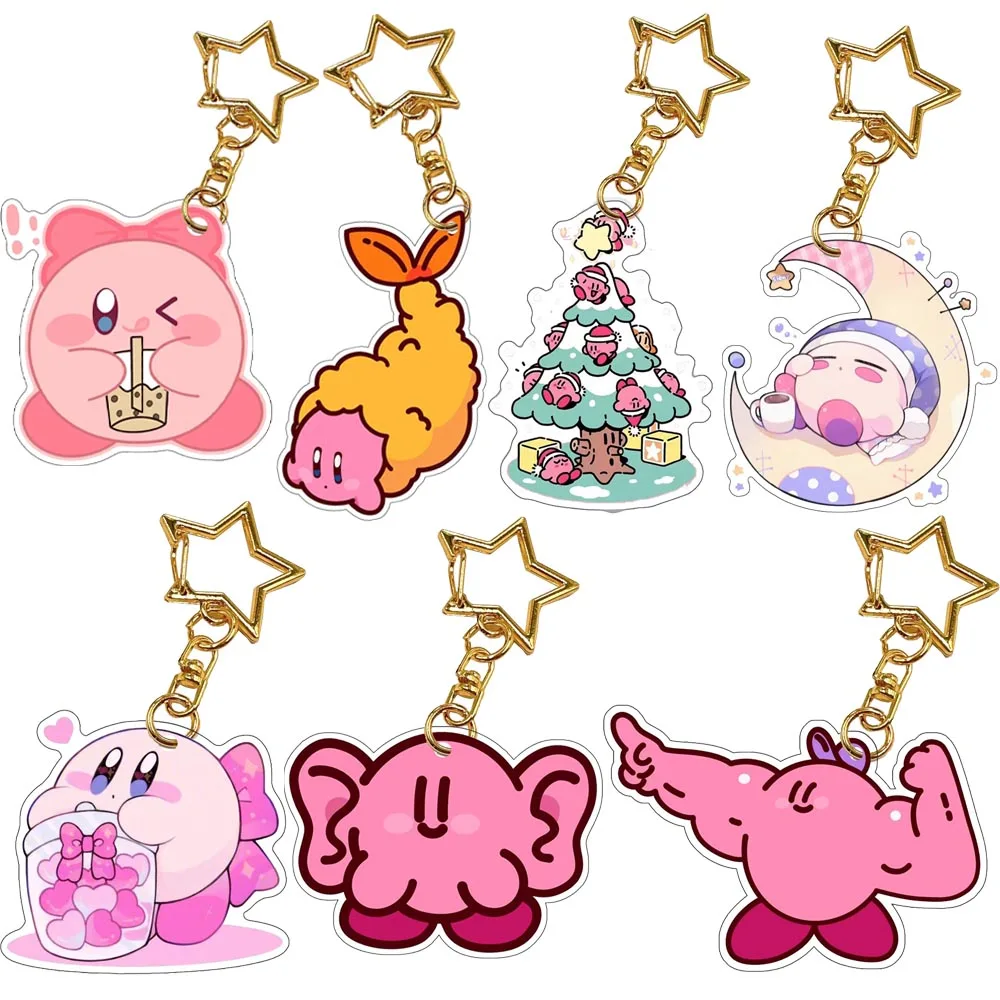 Kawaii Anime Figure Muscle Kirby Self Made Acrylic Card Style Keychain Classics Star Chain Backpack Bag Mobile Car Pendant 5cm