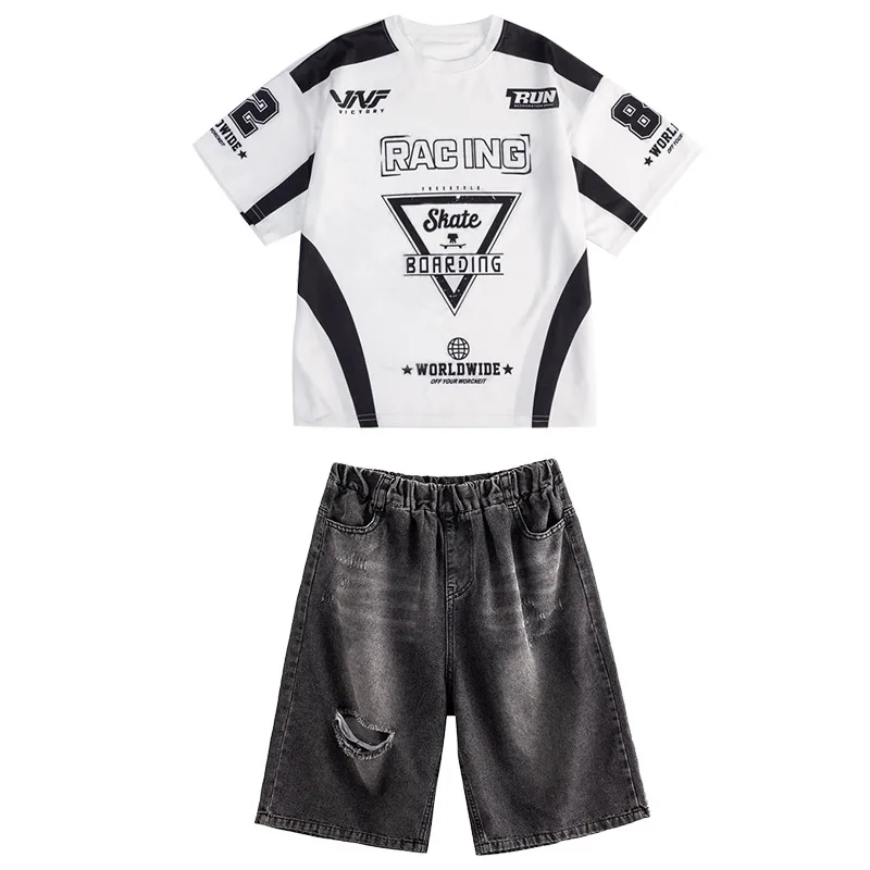 Ropa de Hip Hop Kpop para chico, camiseta con letras blancas y negras, pantalones vaqueros rasgados informales, pantalones cortos para niña y niño, Ropa de baile de Jazz, disfraces