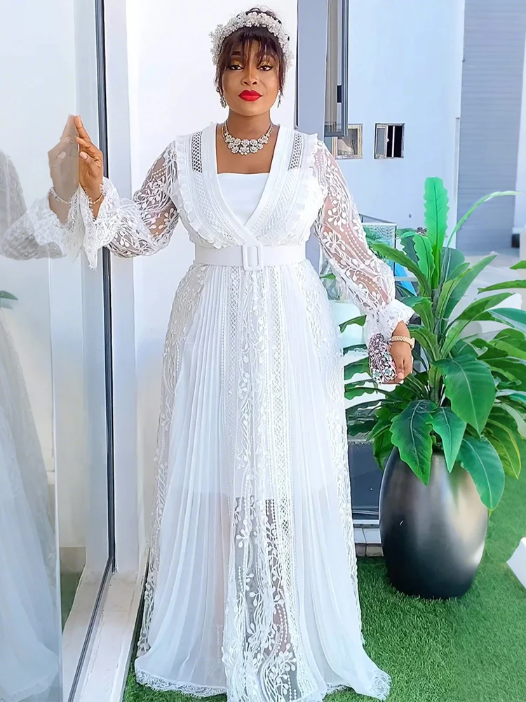 

Long Sleeve Lace Dresses Party Prom Evening Gown Elegant Women Two Piece Set Clothing Dubai Kaftan Abayas 2025 African Outfits