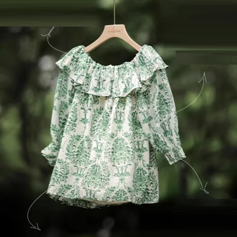 Ruffles Shirt Women 2024 Summer New Sweet Slash Neck Off Shoulder Tops Print Blouse Butterfly Sleeve Green Loose Clothes 27766