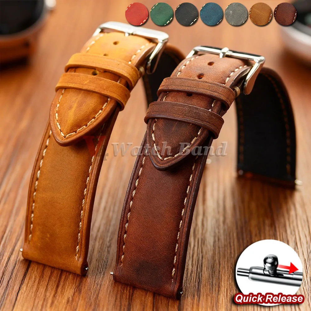 Quick Release Genuine Cowhide Watch Strap 14mm 16mm 18mm 20mm 22mm 24mm Retro Brown Watchband for Samsung Galaxy Watch 8/7/6/5/4