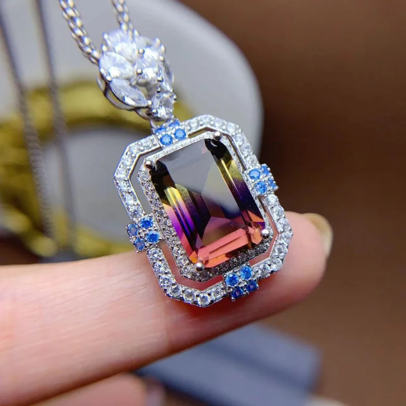 

Pendant 925 Silver Inlaid Ametrine Luxury Sweater Chain Women Rectangular