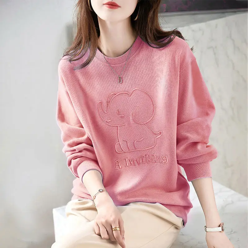 Casual Stylish Cartoon Embroidery Sweatshirts Letter Women\'s Clothing Korean O-Neck Spring Autumn Commute Long Sleeve Pullovers