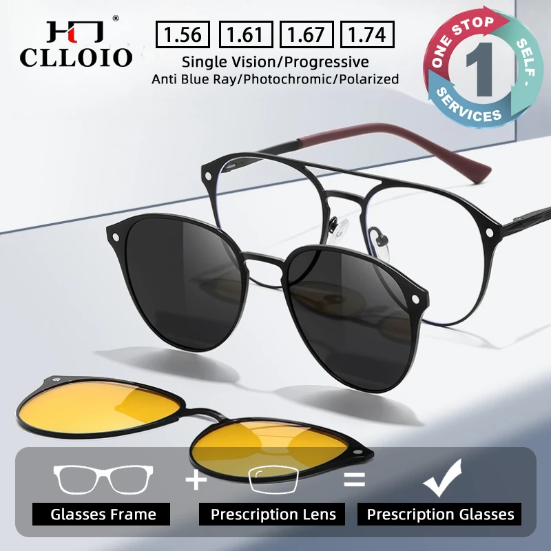 

CLLOIO Aluminum Magnesium 3-in-1 Polarized Magnetic Suction Cover Glasses MenSunglasses Prescription Progressive Eyeglasses