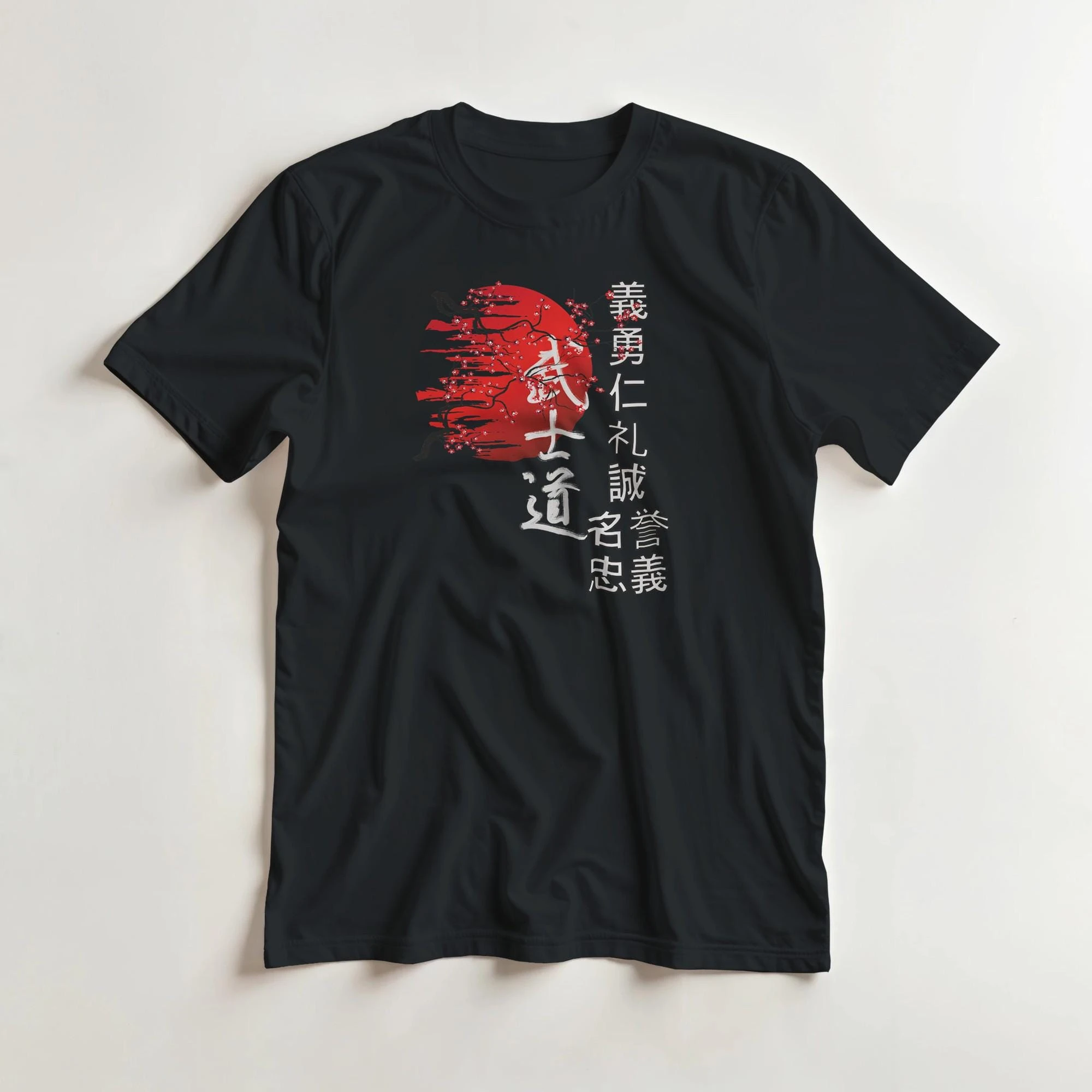 Japanese Bushido Print Black T-shirt Men Cotton Loose Samurai Oriental Retro Vintage Casual Daily Streetwear Top
