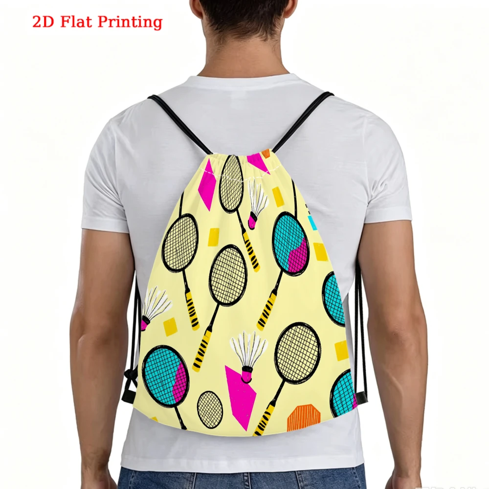 Geometric Print Badminton Racket Shuttlecock Drawstring Bag, Travel Shoe, Outdoor Fitness Sports Backpack