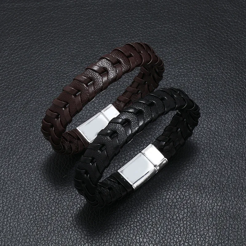 2023 Fashion Braided Rope Woven Multilayer Leather Men Bracelets Punk Stainless-Steel Bangle for Friend Charm Jewelry Gifts