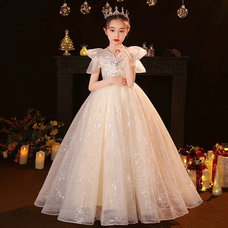 

2024 Girls Festival Celebration Dress Elegant Girl Princess Dresses Sequin Birthday Party Frock Piano Performance Child Vestidos