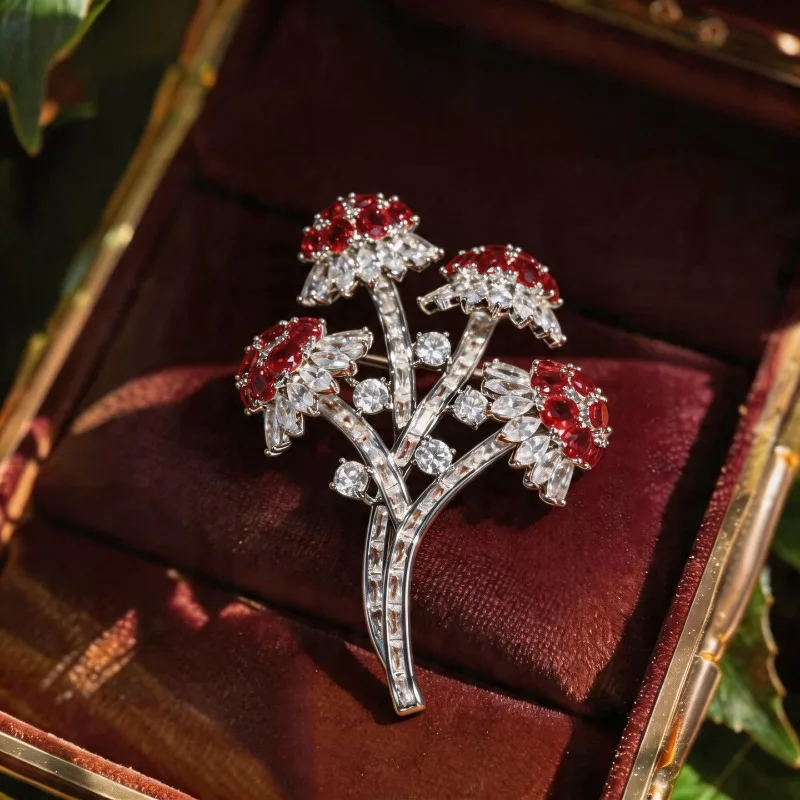Copper zircon plant flower dandelion brooch, high-end light luxury jewelry pin accessories