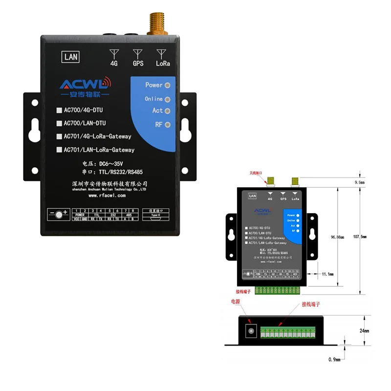 

AC701 Беспроводной шлюз LoRa-to-4G/RJ45 Ethernet для передачи данных LoRa/последовательные данные в TCP Vice Versa SX1276 862-928 МГц EU