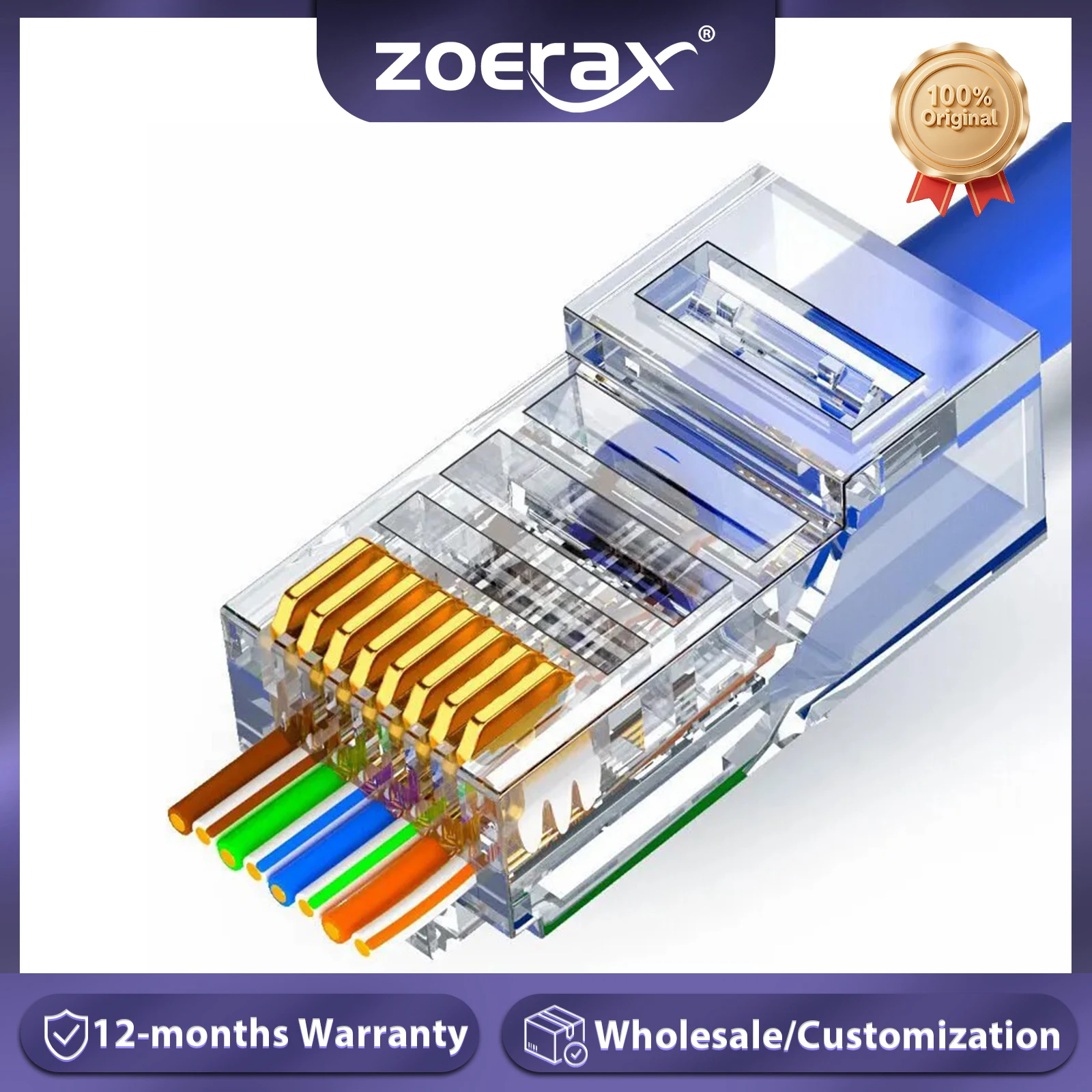 

ZoeRax RJ45 CAT6 Pass Through Connectors - 15μ Gold Plated 8P8C Modular Ethernet Network Cable Plug End for Cat6 Cat5e