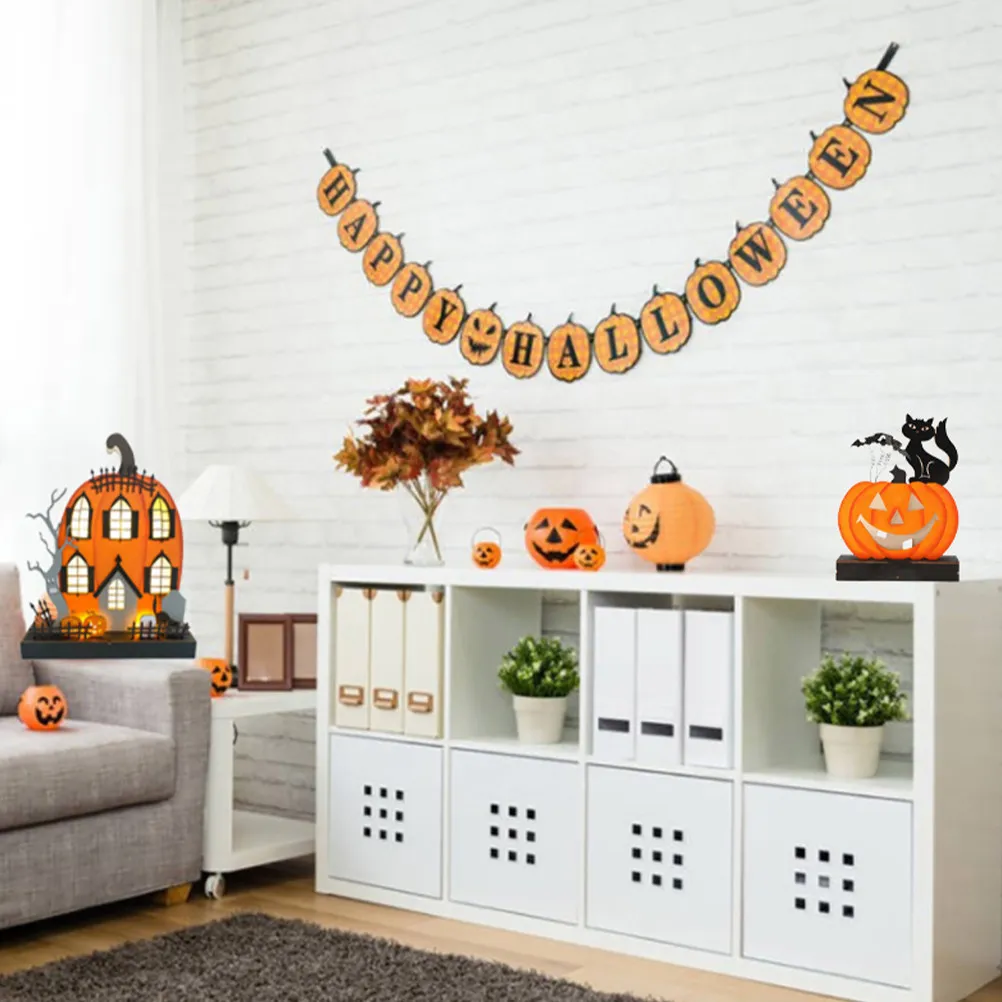 ハロウィン-パンプキンランプ-木製猫テーマライトオーナメント-暖かい光のテーブルトップ装飾-フェスティバル感謝祭パーティー照明用