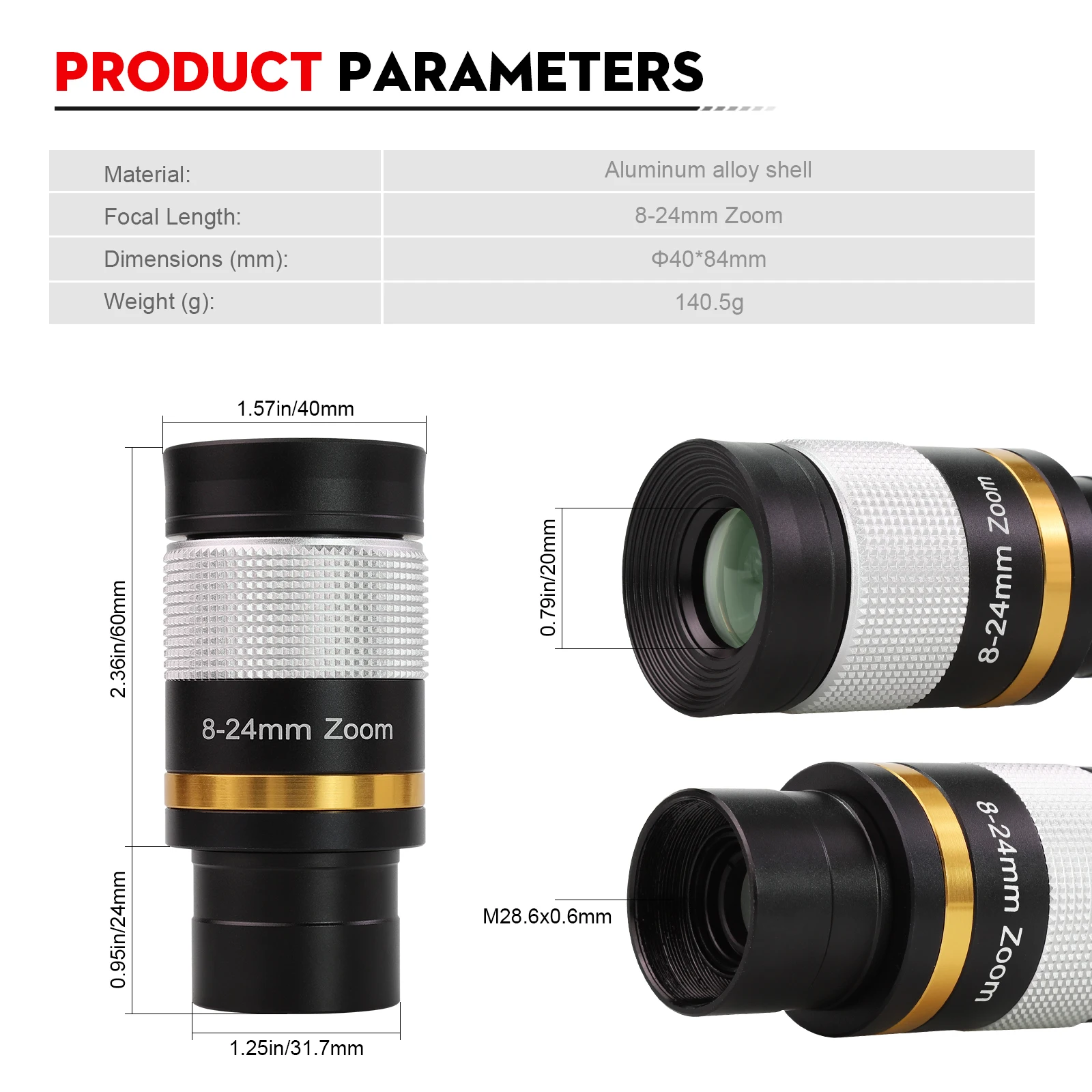 Datyson 8-24mm HD Zoom Eyepiece Wide Angle Fully Multi-Coated Lens for 1.25 Inch 31.7mm Interface Astronomical Telescope