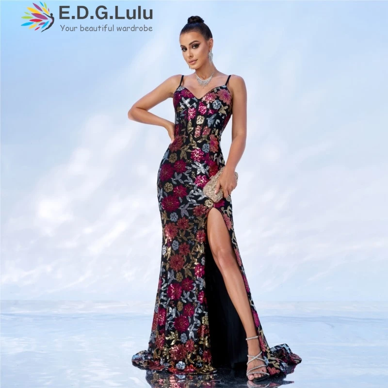 EDGLuLu Elegante scollo a V senza maniche festa di compleanno abito donna sexy backless floreale con paillettes alta fessura abiti lunghi a sirena 0629