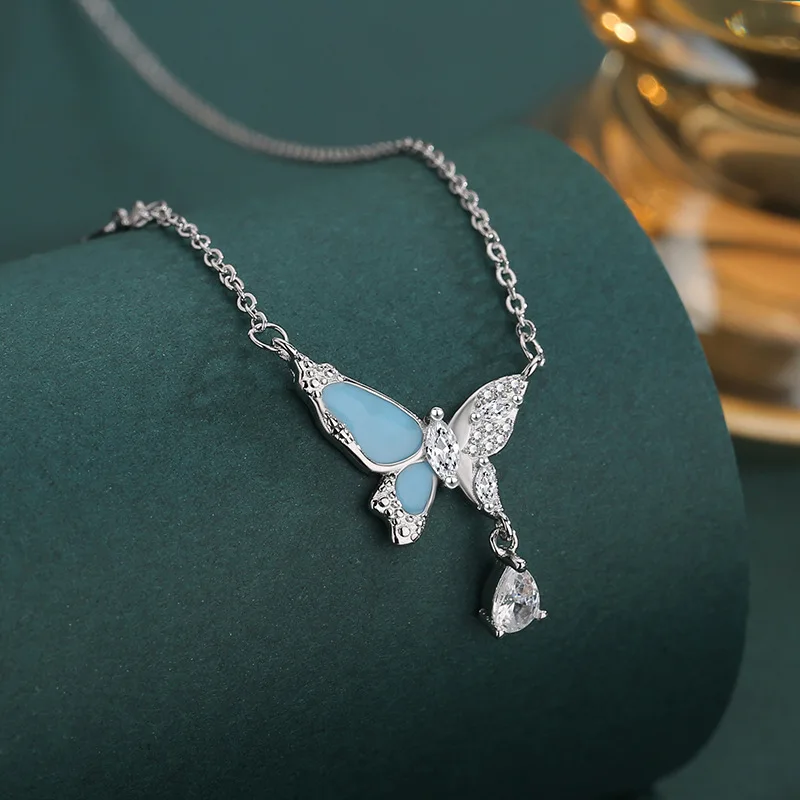 PANJBJ 925 Sterling Silver Butterfly Noctilucent Necklace For Women Asymmetric Glow-in-the-dark Sweet Jewelry Gift Dropshipping
