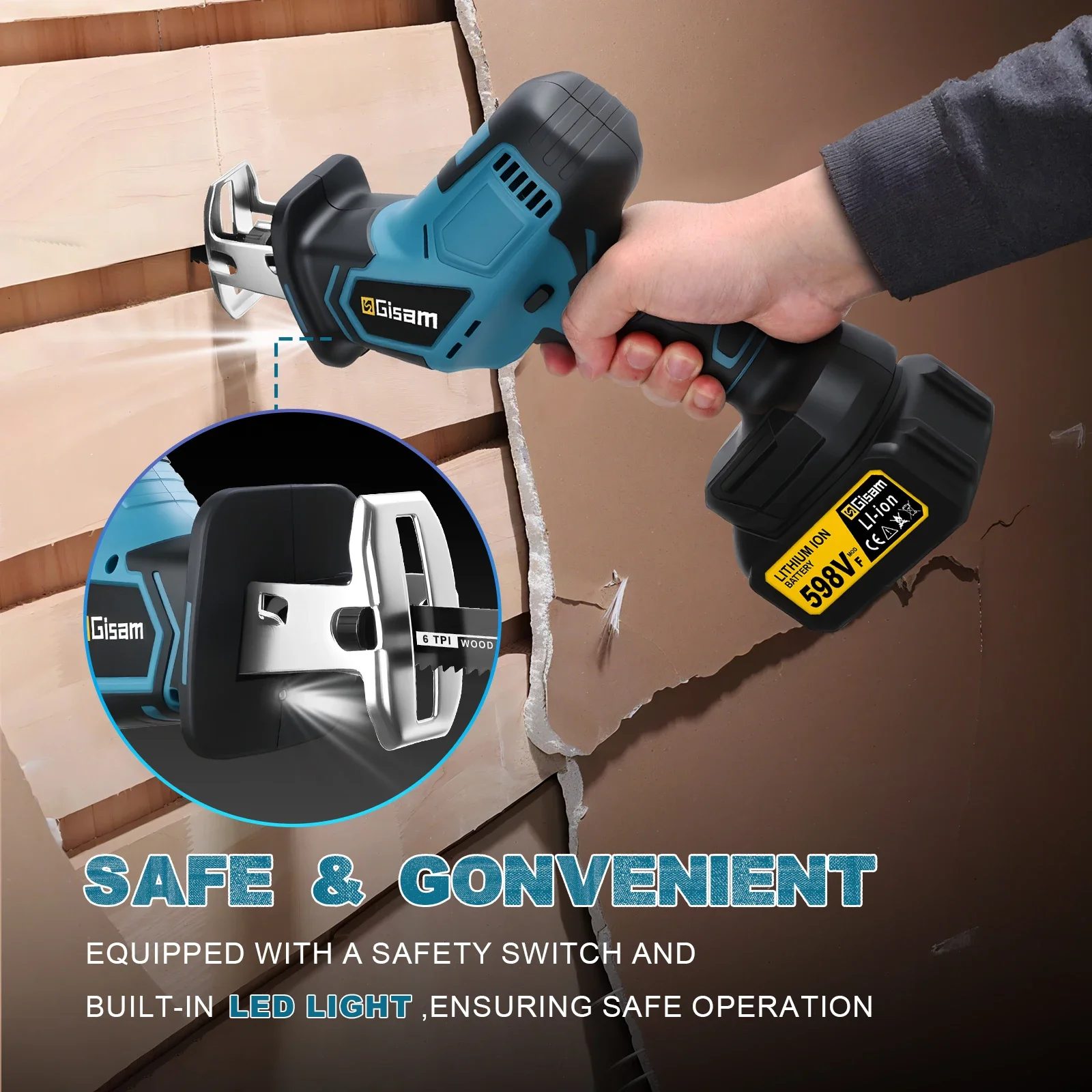 Gisam 3600w Brushless Reciprocating Saw Electric Chainsaw Wood Metal PVC Pipe Cutting Power Tool for Makita 18V Battery Pins view 3