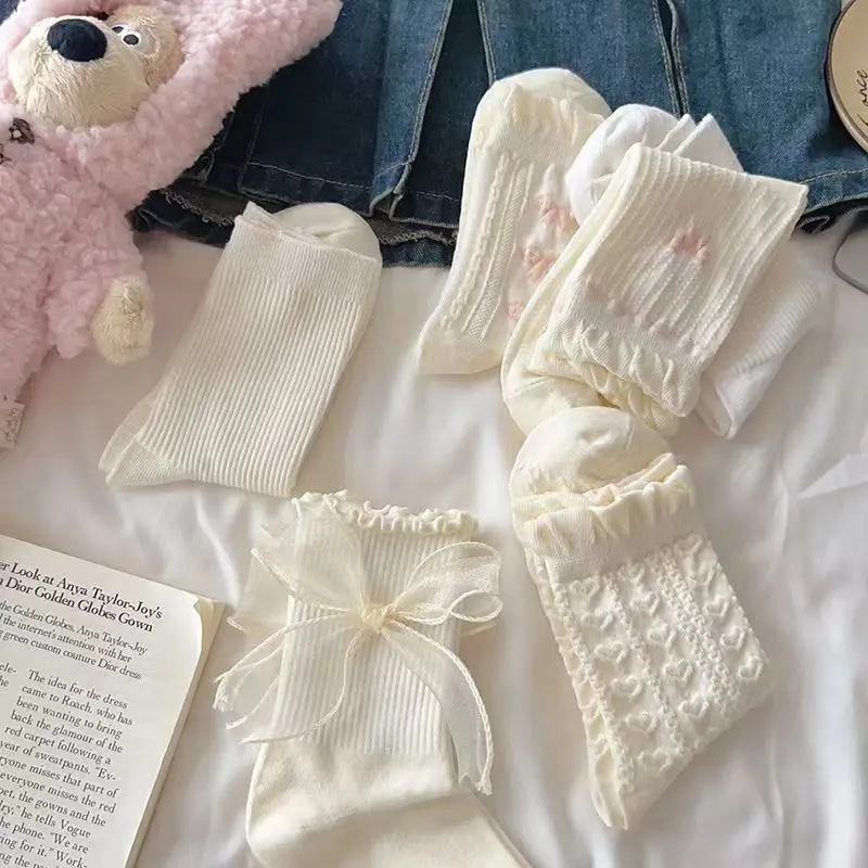 Ensemble de 6 paires de chaussettes Coquette blanches de Style coréen pour femmes, chaussettes d'automne mignonnes japonaises JK avec volants en dentelle, chaussettes mi-tube pour filles