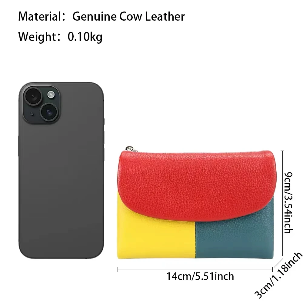 Women Tricolor Wallet Cow Leather Card Holder Clutch Zipper Coin Pocket Short Wallet Cash Purse With Photo ID Window