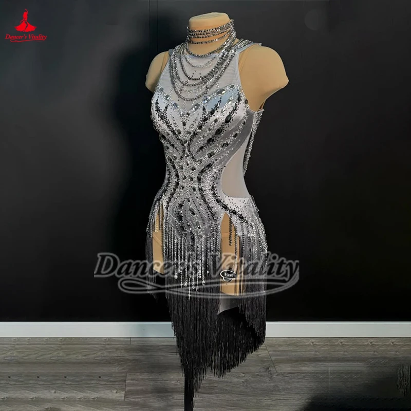 라틴 국제 챔피언십 블랙풀 댄스 축제 경쟁 의상 성인 살사 삼바 룸바 Tassels 드레스 사용자 정의