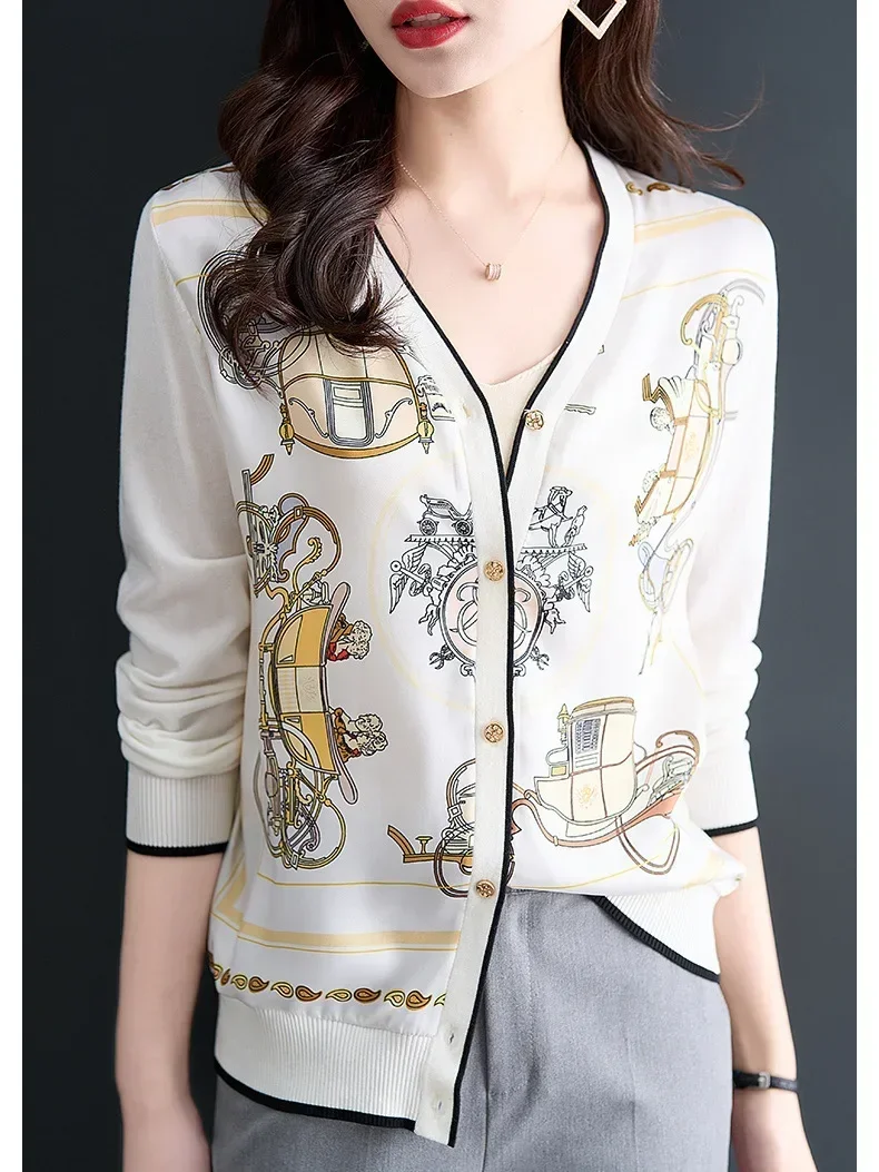 Autmn New Fall 3D Printed Cardigans Women print Chiffon Patchwork Knitted cardigan Formal OL Fall Clothes Top