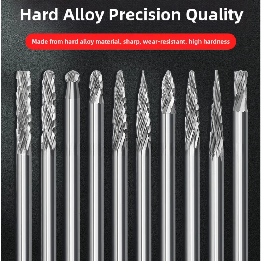 Metal Deburring Size 3mm Rotary Burrs Set Carving Bit 3mm Shank YG8 Steel 6mm Head Diameter Slotted Plastic Box
