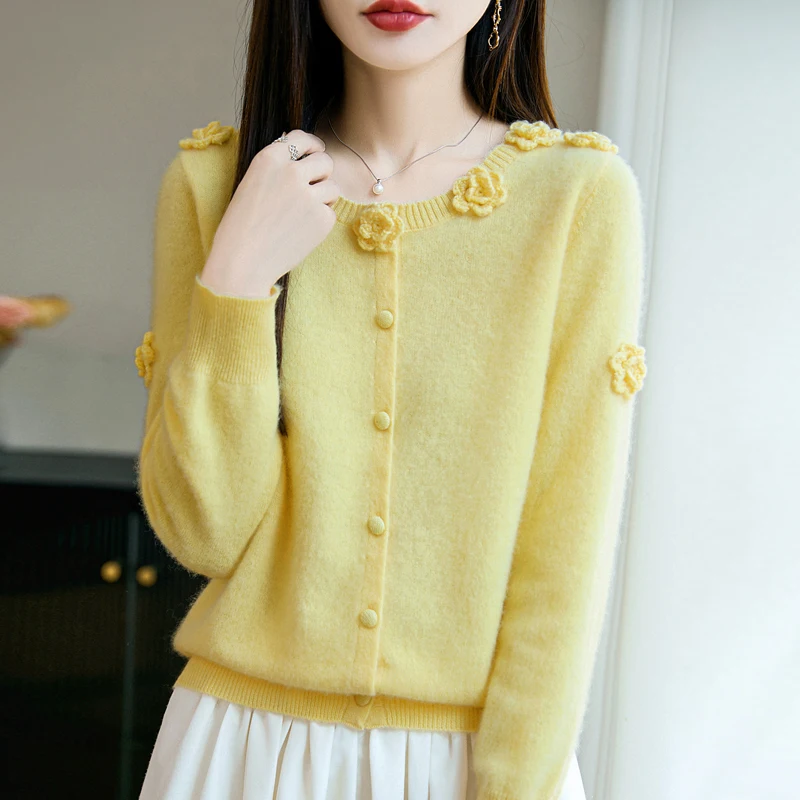 

100% австралийская шерсть, вязаный женский кардиган с круглым вырезом, свитер, изысканная и модная осенне-зимняя женская новая куртка, свитер