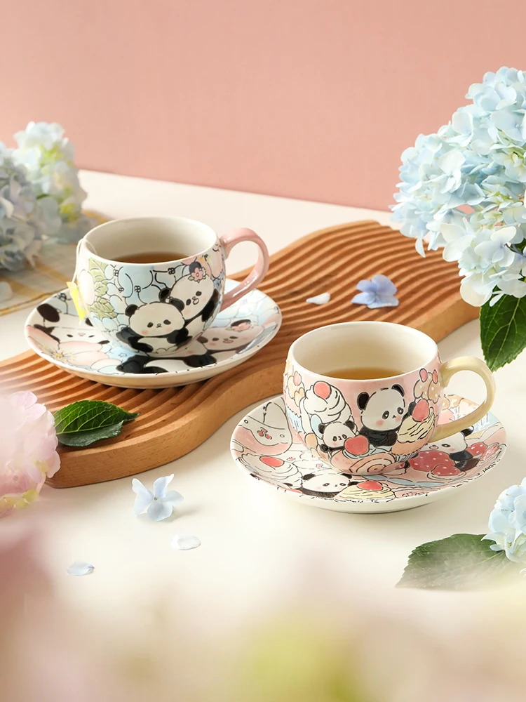 

Cute Panda Hand Painted Underglaze Color Coffee Cup and Plate Set Ceramic Home Afternoon Tea Cup