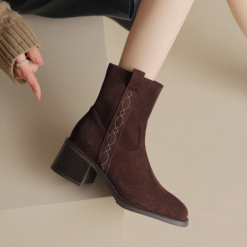 NEW Autumn/Winter Women Boots Round Toe Chunky Heel Boots Cow Suede Leather Shoes for Women Modern Boots казаки женские обувь