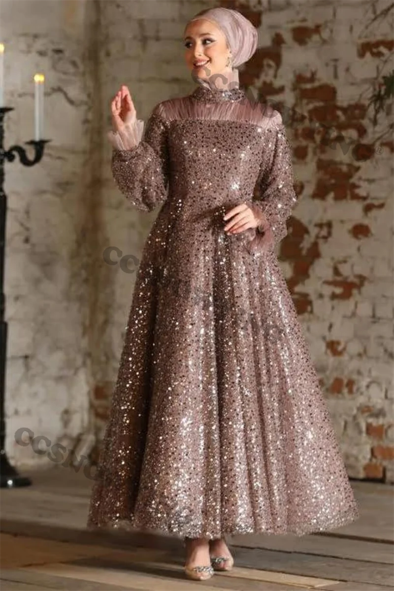 

Sparkly Sequin Beaded Muslim Evening Dress Islamic Long Sleeve Hijab Formal Party Gown Women Arabic Kaftan Robes De Soirée