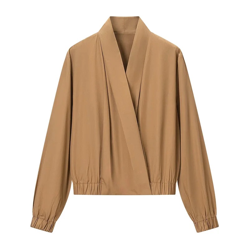 Guobioziy 2026 Winter Flight Jacket Shirt Women V Neck Crossover Top Gathered Cuffs Soft Drapey Fabric Vintage Style
