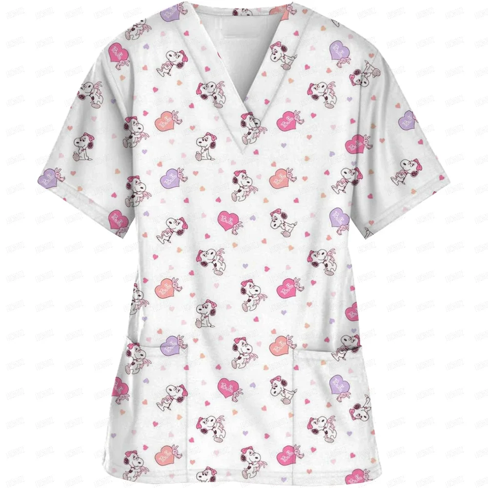 New 2024  Women Short Sleeve Tops With Pocket Working Uniform Snoopy Printed T-Shirts Uniforms Short Sleeved Scrubs For Women ﻿