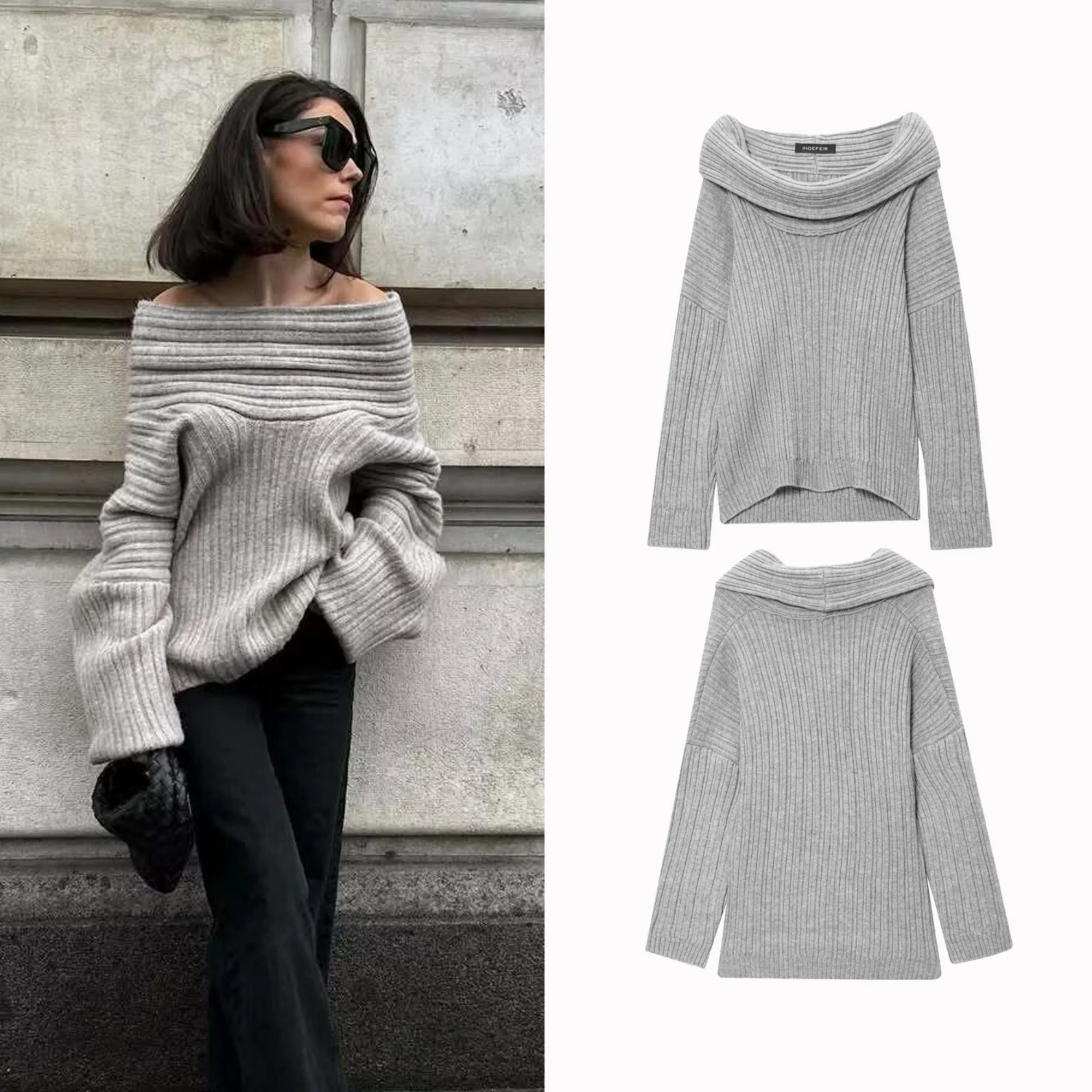 

2025 Autumn Female Vintage One-shoulder Knitted Pullover Long Sleeves Sweater Loose Solid Color Women's Winter Causal Tops