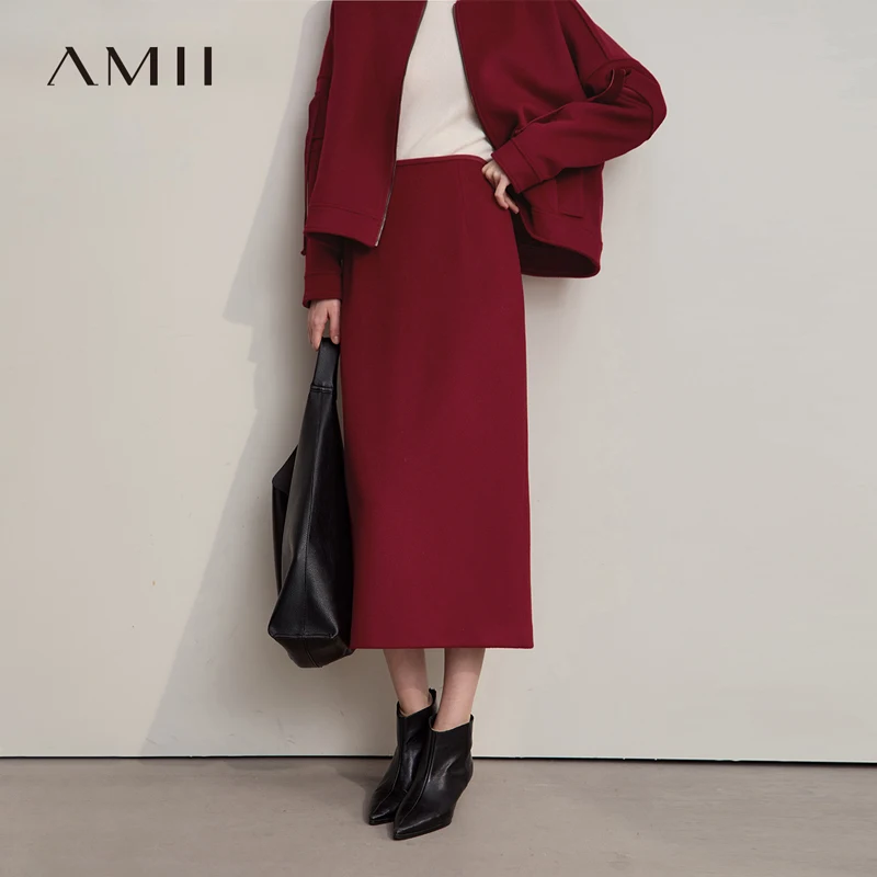 

AMII женская юбка 2025, зимняя новая минималистичная однотонная юбка для женщин, шерстяная длинная универсальная одежда, женская 12544047
