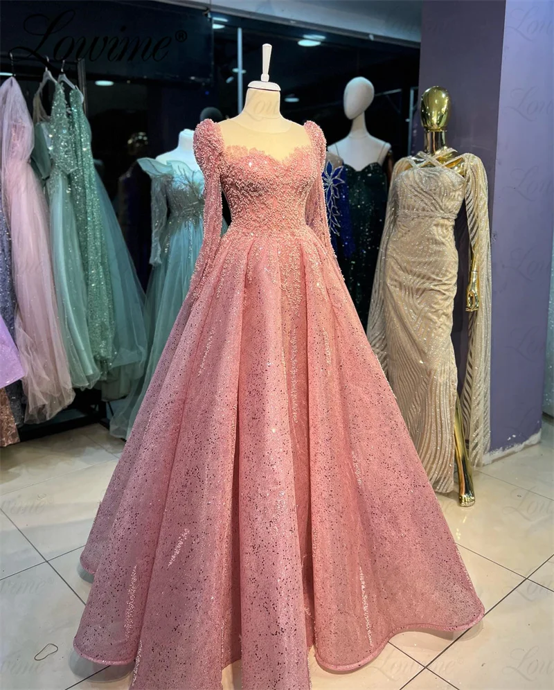 Heavy Beaded Pink Party Dress For Weddings 2024 Custom Made Long Sleeves Wedding Evening Dress Gowns Arabic Prom Dress Vestidos