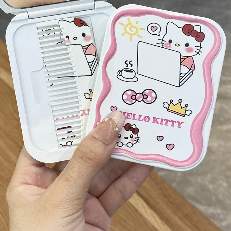 Sanrio Hello Kitty Mini składane lusterko do makijażu z grzebieniem Ins przenośne śliczne dla kobiet dziewczynki ręczne narzędzie do makijażu