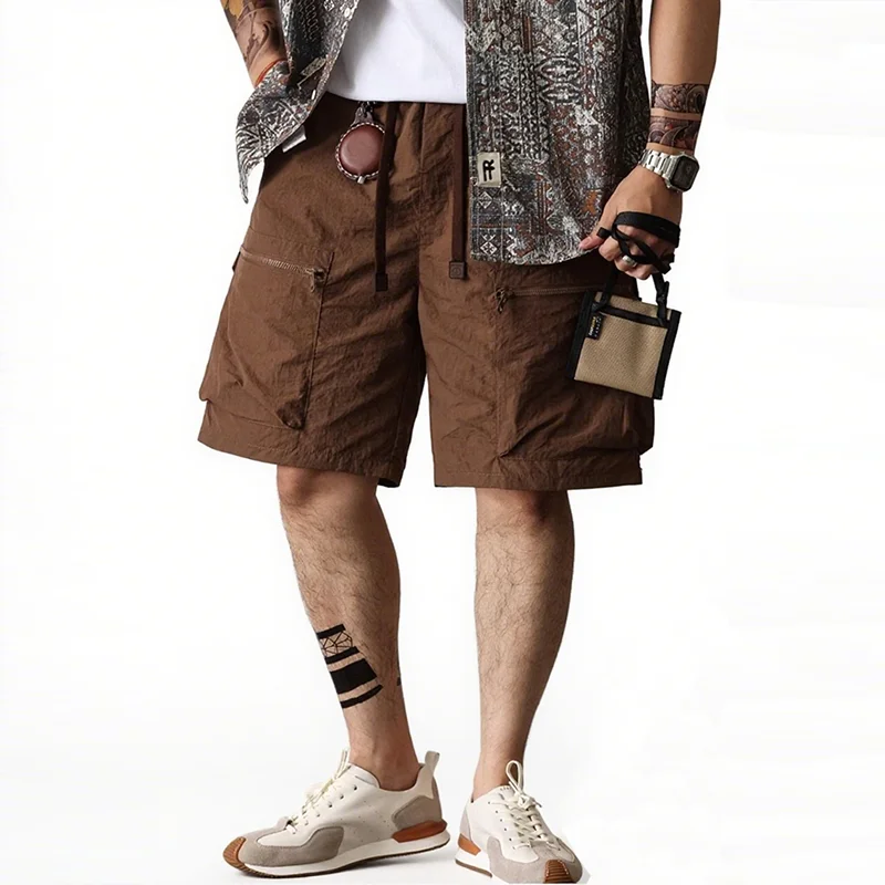 

Летние тонкие быстросохнущие шорты-карго с большим карманом, мужские повседневные свободные пятые брюки, модные шорты на шнуровке с завязками