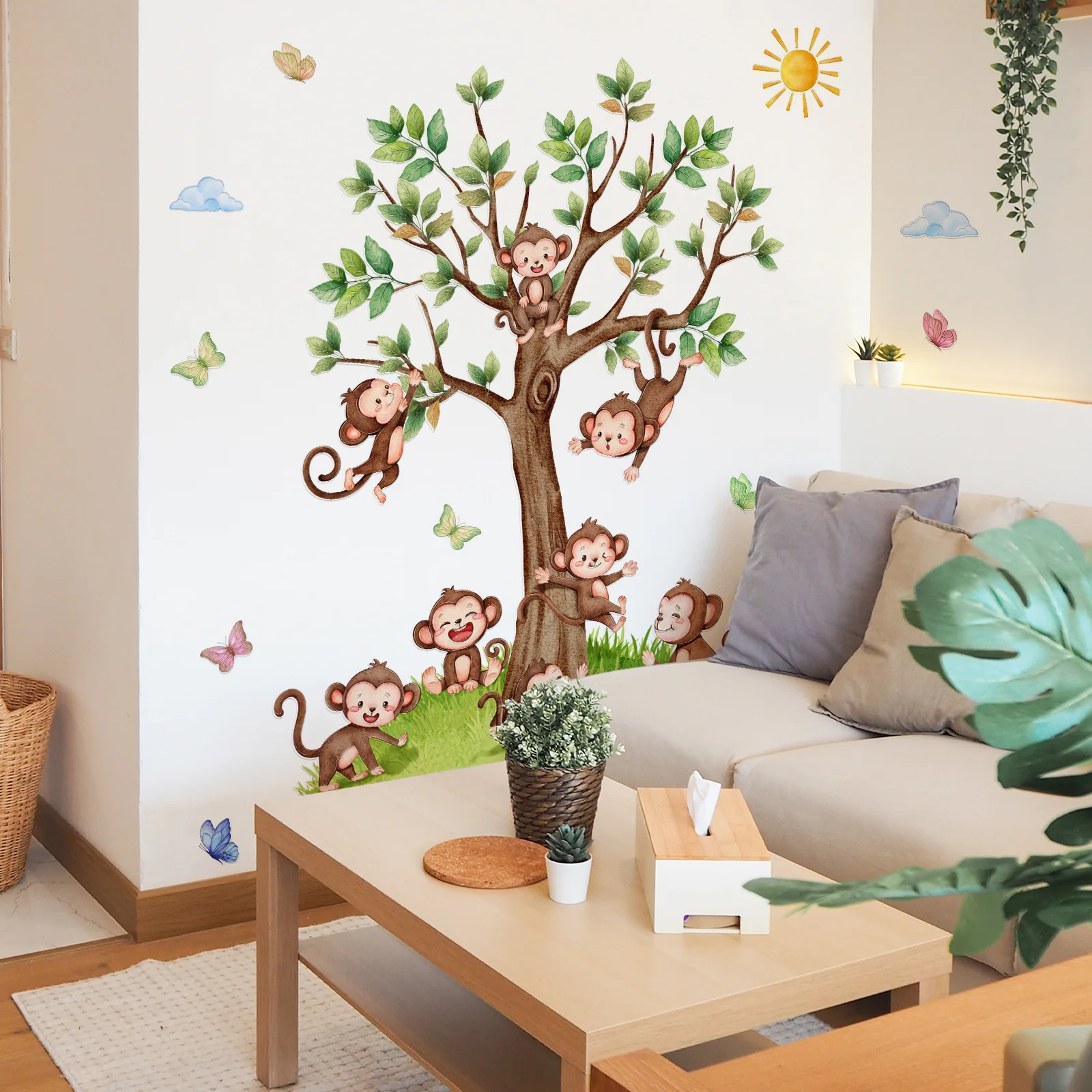 7 Playful Monkeys Wall Decals- Cartoon Tree, Birds & Sun Stickers for Kids' Room & Nurser