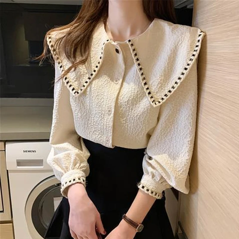 Sweet Long Sleeve Solid Color Loose Shirt Tops Spring Autumn New Korean Youth Patchwork Cardigan Fashion Casual Women Clothing