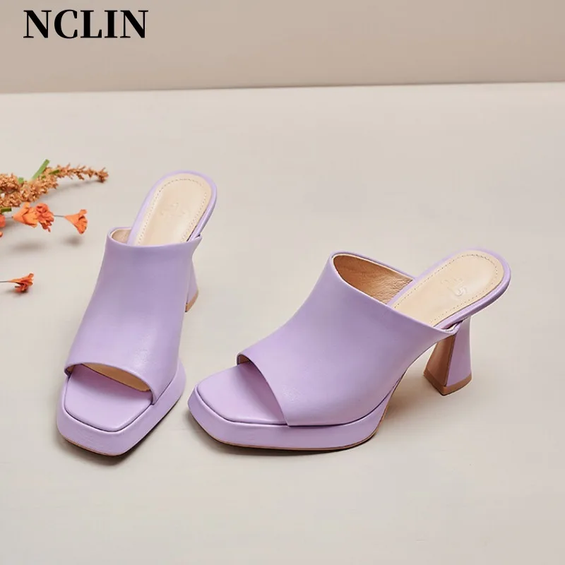 2024 Summer Women Genuine Leather Slippers Square Toe Chunky Heel Solid Sandals High Heels Sandals Shoes For Women Handmade